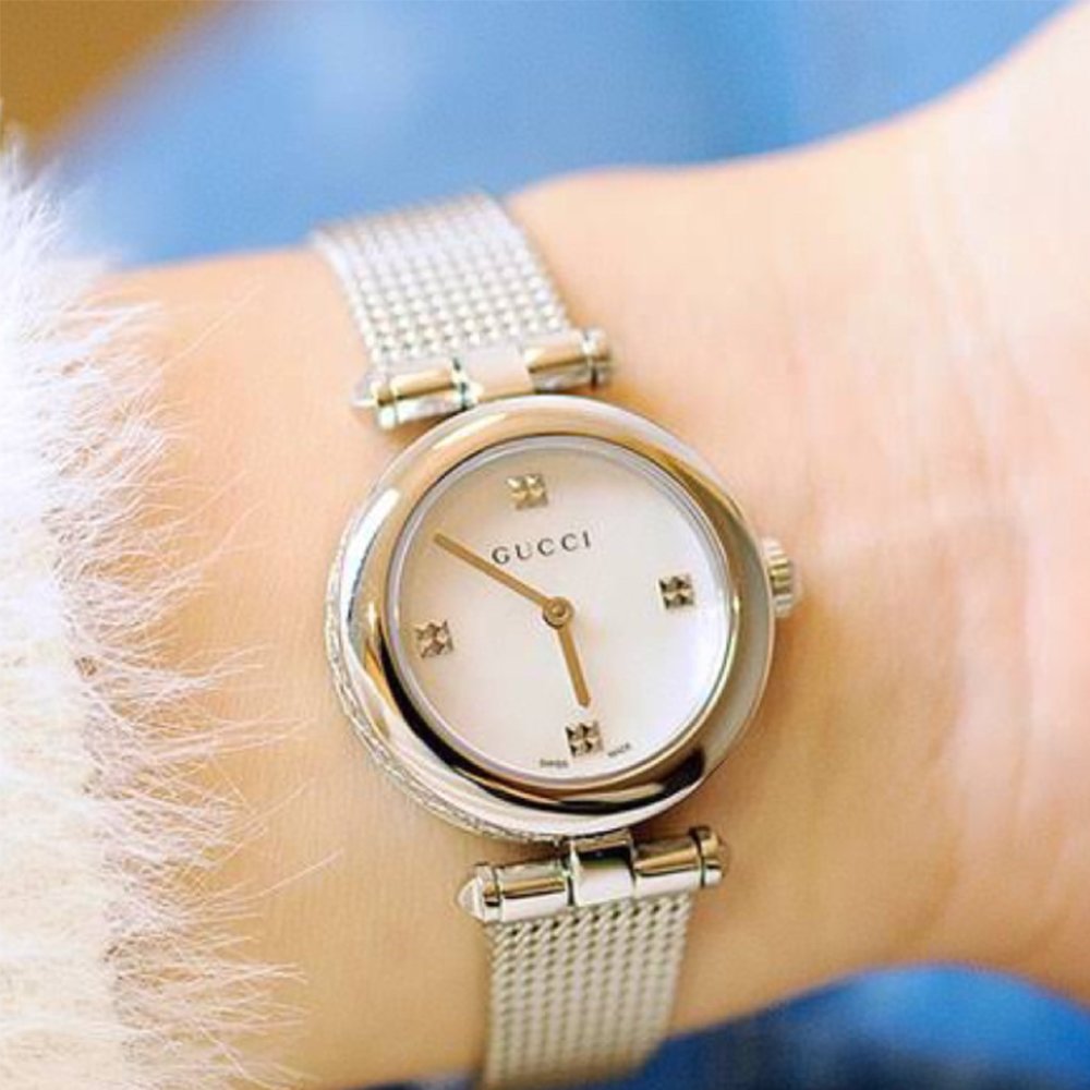  Shop Authentic Gucci Diamantissima Diamonds Mother of Pearl Dial Silver Mesh Bracelet Watch for Women - YA141512 - Luxxuri