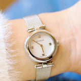 Shop Authentic Gucci Diamantissima Diamonds Mother of Pearl Dial Silver Mesh Bracelet Watch for Women - YA141512 - Luxxuri
