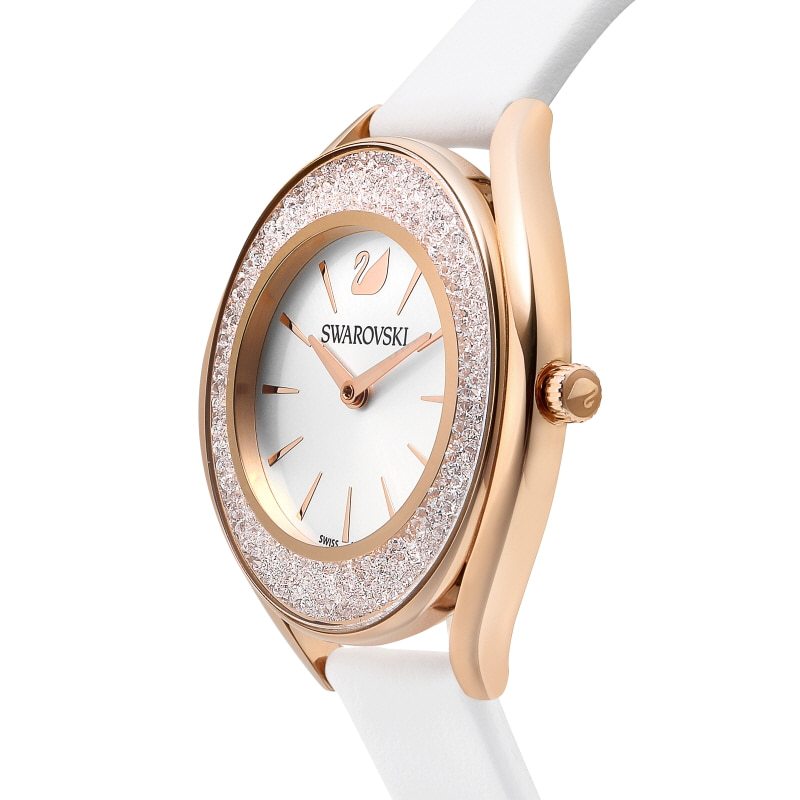  Shop Authentic Swarovski Crystalline Aura Silver Dial White Leather Strap Watch for Women - 5519453 - Luxxuri