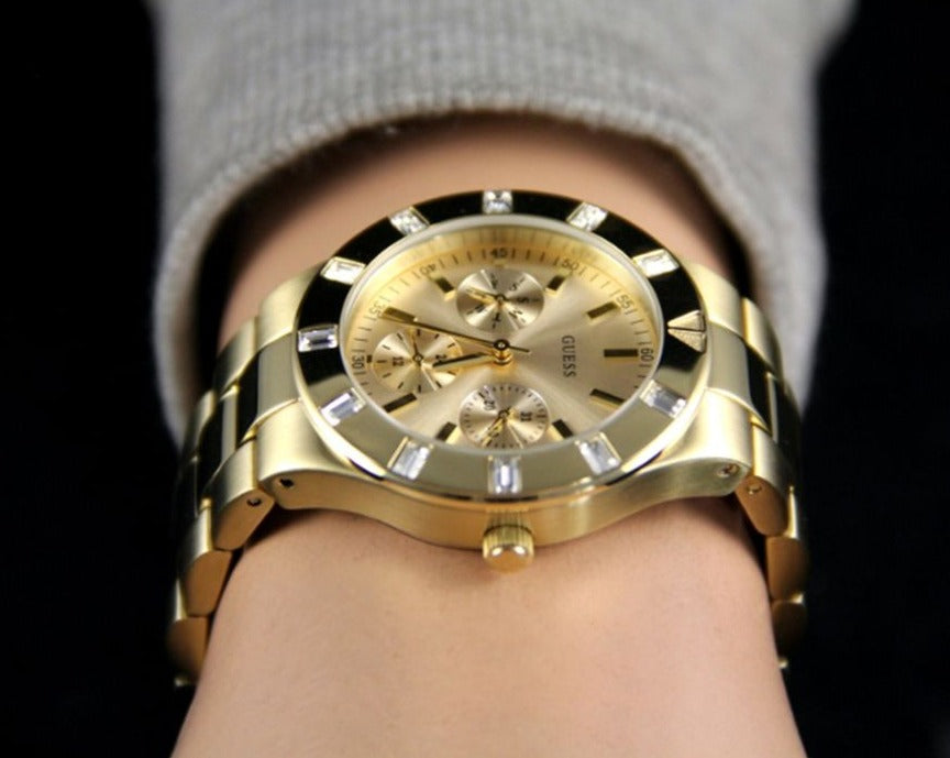  Shop Authentic Guess Glisten Analog Gold Dial Gold Steel Strap Watch For Women - W13576l1 - Luxxuri