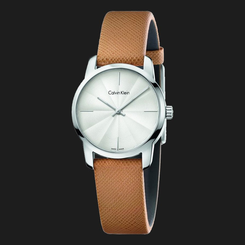  Shop Authentic Calvin Klein City Silver Dial Orange Leather Strap Watch for Women - K2G231G6 - Luxxuri