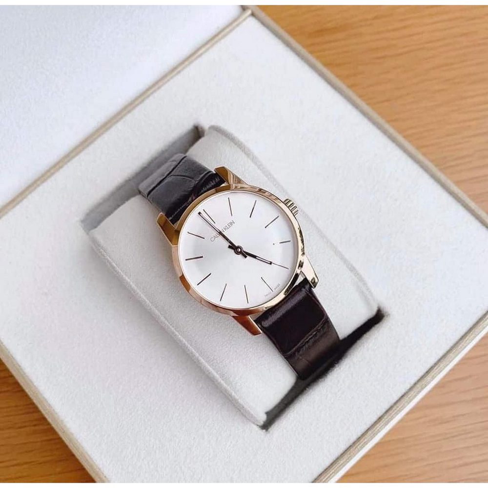  Shop Authentic Calvin Klein City White Mother of Pearl Dial Brown Leather Strap Watch for Women - K2G23620 - Luxxuri