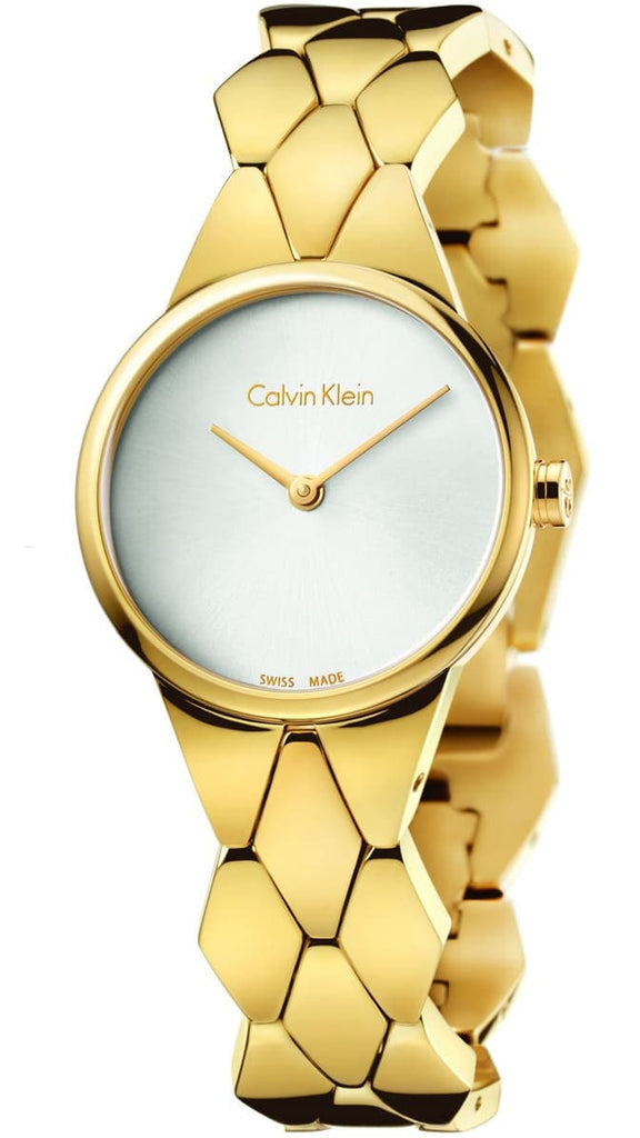 Calvin Klein Snake Silver Dial Yellow Gold Steel Strap Watch For Women - K6E23546