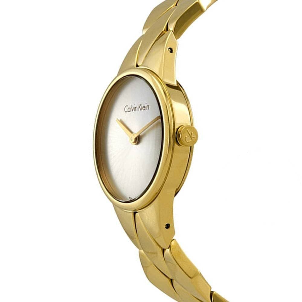  Shop Authentic Calvin Klein Snake Silver Dial Yellow Gold Steel Strap Watch For Women - K6E23546 - Luxxuri