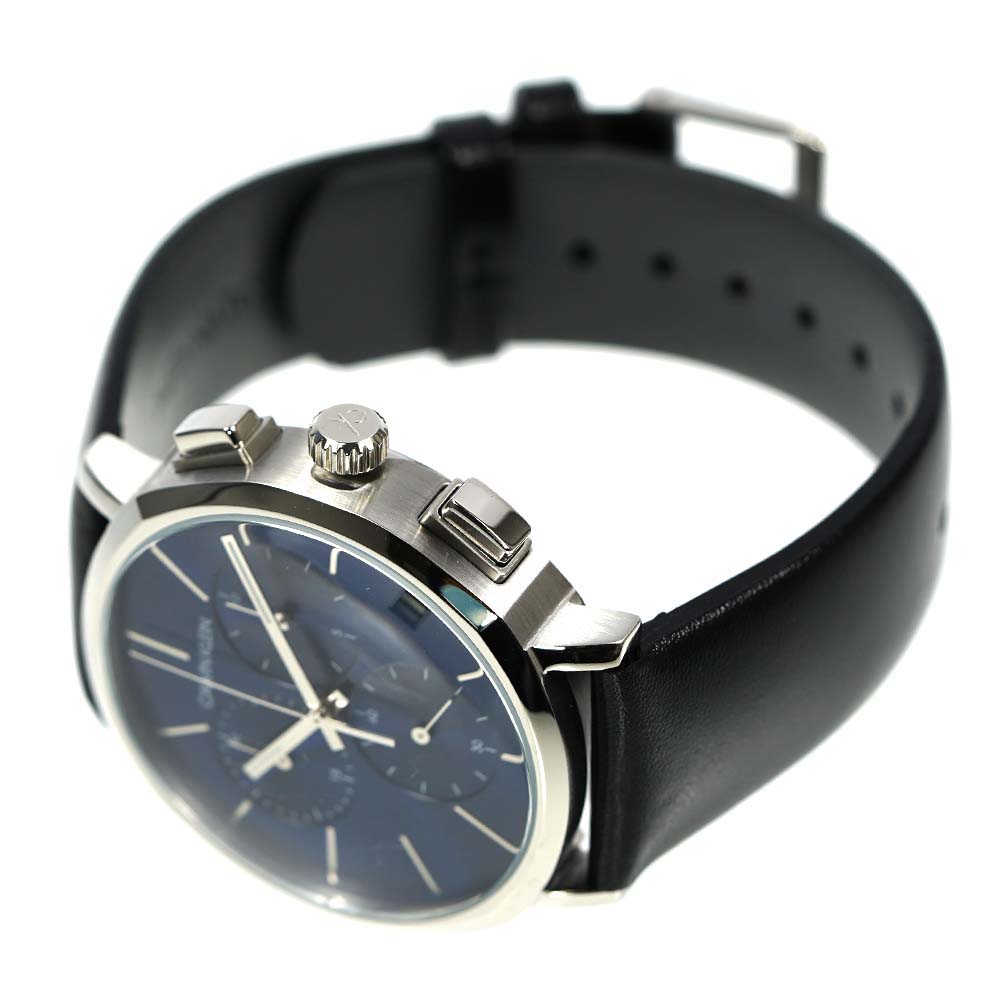  Shop Authentic Calvin Klein Chronograph Blue Dial Black Leather Strap Watch for Men - K8Q371CN - Luxxuri