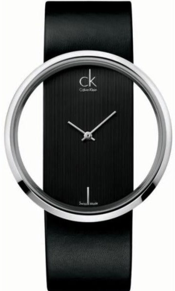  Shop Authentic Calvin Klein Glam Transparent Dial Black Leather Strap Watch for Women - K9423107 - Luxxuri