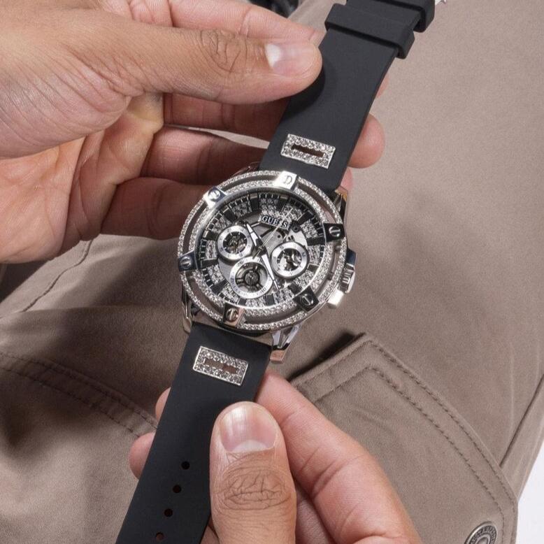  Shop Authentic Guess King Quartz Crystals Silver Dial Black Silicone Strap Watch For Men - GW0537G1 - Luxxuri