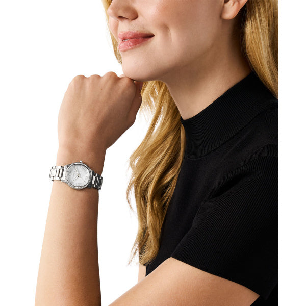  Shop Authentic Michael Kors Sage Three-Hand Mother of Pearl White Dial Silver Steel Strap Watch for Women - MK4824 - Luxxuri