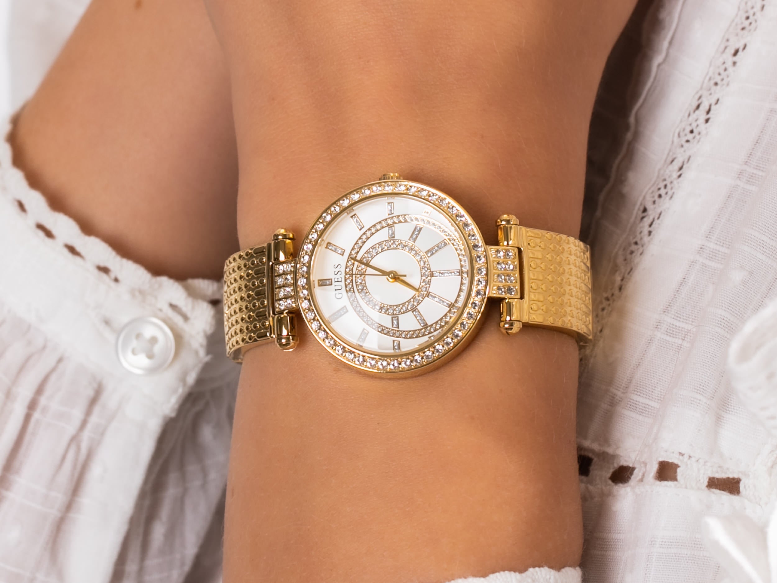 Guess Muse Crystals White Dial Rose Gold Steel Strap Watch For Women - W1008L2