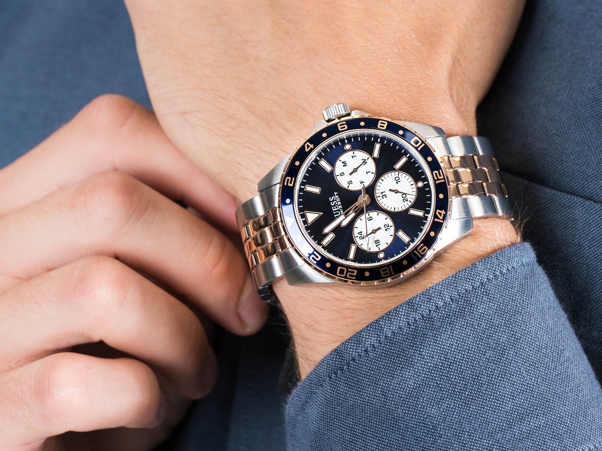  Shop Authentic Guess Odyssey Blue Dial Two Tone Steel Strap Watch For Men - W1107G3 - Luxxuri