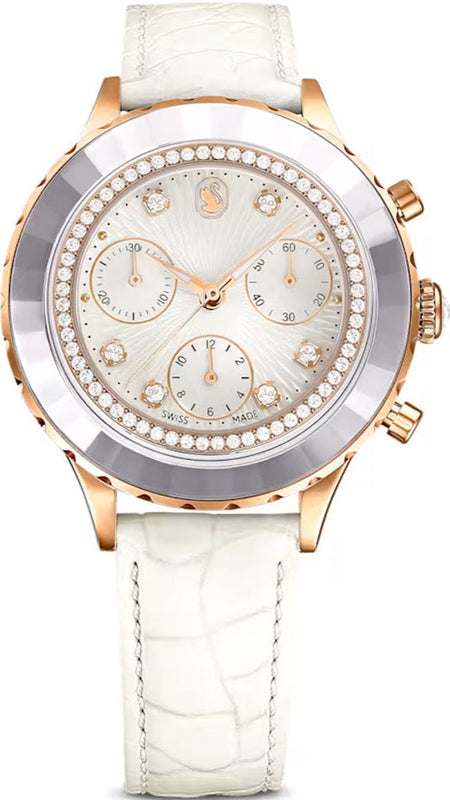  Shop Authentic Swarovski Octea Chrono Crystals White Dial White Leather Strap Watch for Women - 5671150 - Luxxuri