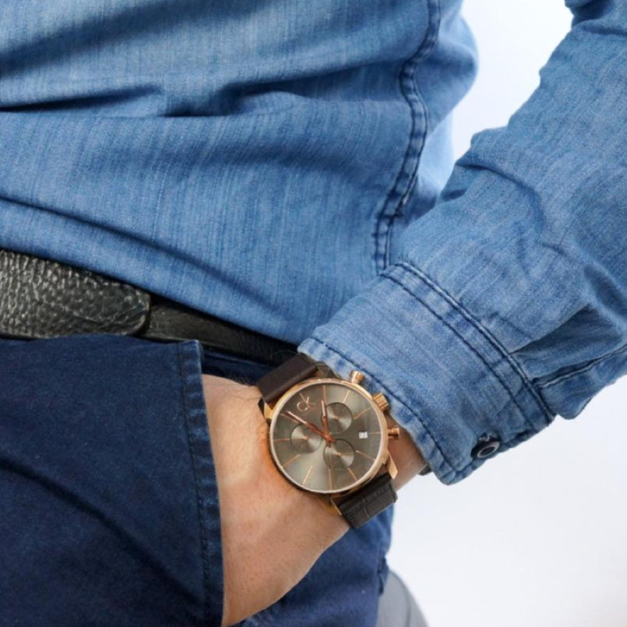  Shop Authentic Calvin Klein City Chronograph Grey Dial Brown Leather Strap Watch for Men - K2G276G3 - Luxxuri
