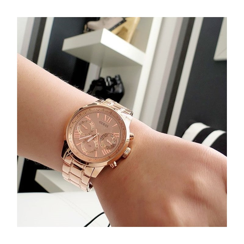  Shop Authentic Guess Sunrise Quartz Rose Gold Dial Rose Gold Steel Strap Watch For Women - W0330L2 - Luxxuri