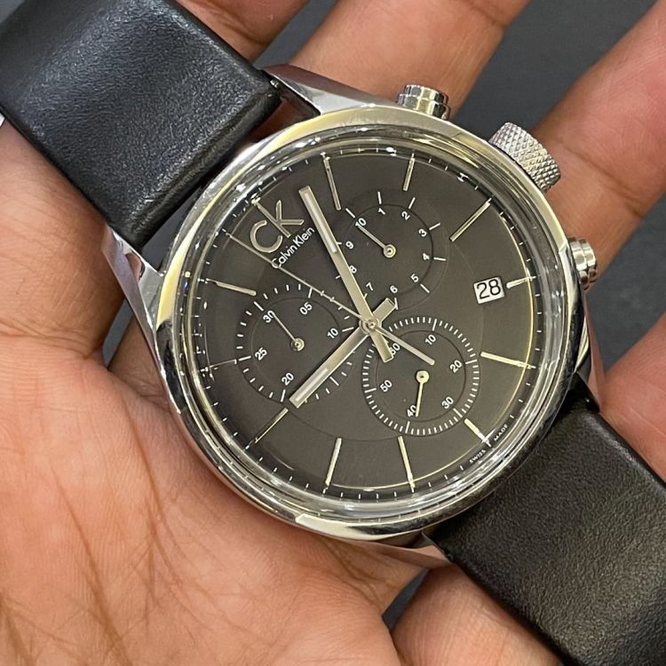 Shop Authentic Calvin Klein Masculine Chronograph Black Dial Black Leather Strap Watch for Men - K2H27102 - Luxxuri