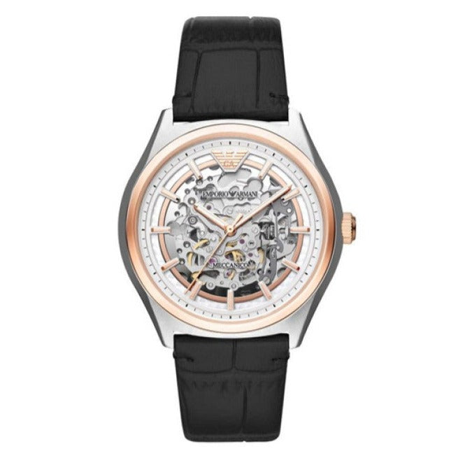  Shop Authentic Emporio Armani Zeta Skeleton Automatic Silver Dial Black Leather Strap Watch For Men - AR60018 - Luxxuri