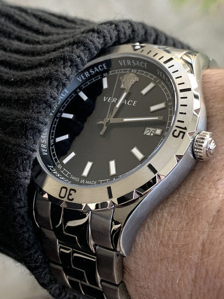  Shop Authentic Versace Hellenyium Quartz Black Dial Grey Steel Strap Watch For Men - VE3A00620 - Luxxuri