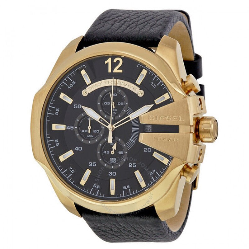  Shop Authentic Diesel Mega Chief Gold & Black Dial Black Leather Strap Watch For Men - DZ4344 - Luxxuri
