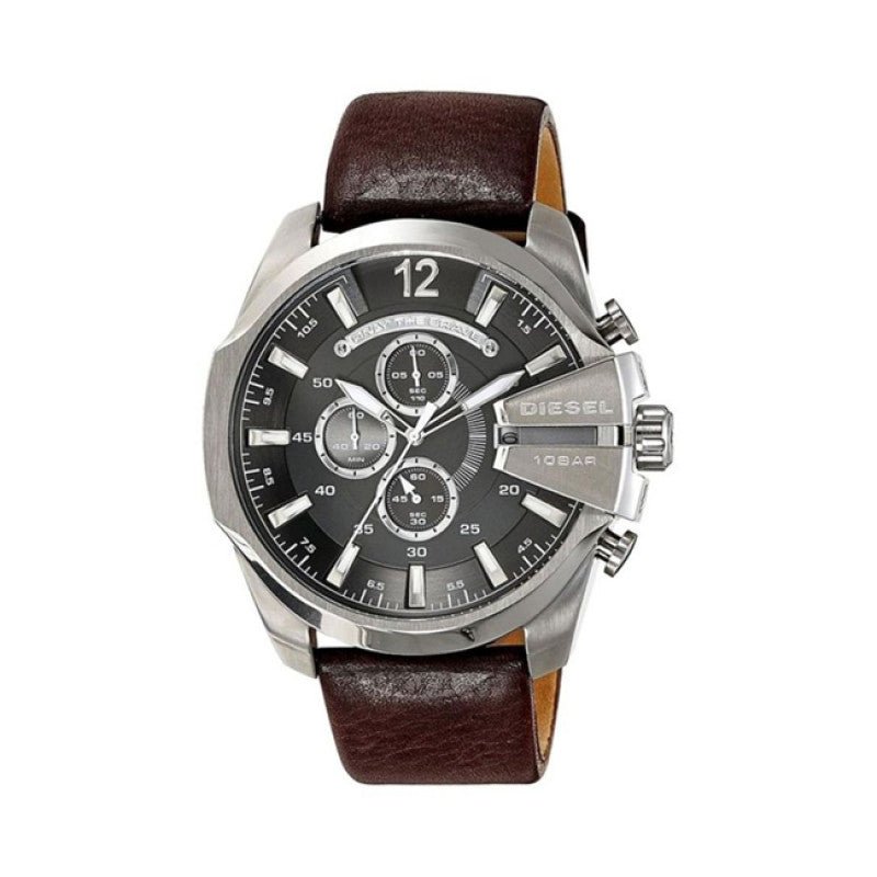  Shop Authentic Diesel Mega Chief Black & Silver Round Dial Brown Leather Strap Watch For Men - DZ4290 - Luxxuri