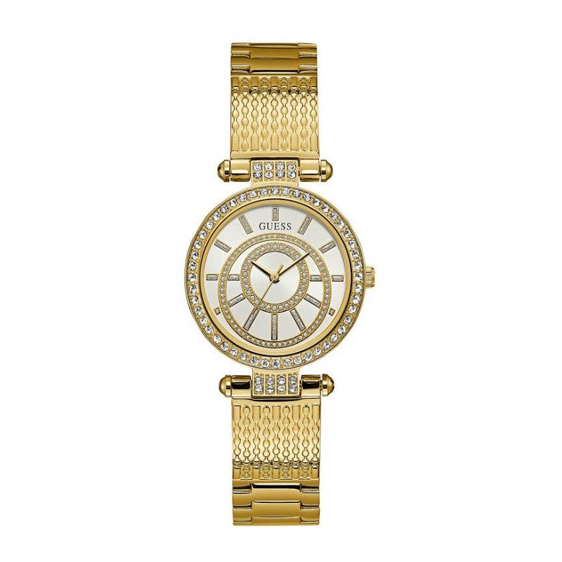 Guess Muse Crystals White Dial Rose Gold Steel Strap Watch For Women - W1008L2