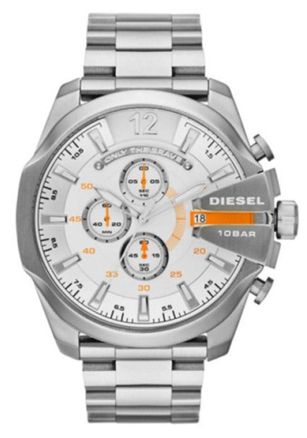 Diesel Mega Chief Quartz Chronograph White Dial Steel Strap Watch For Men - DZ4328