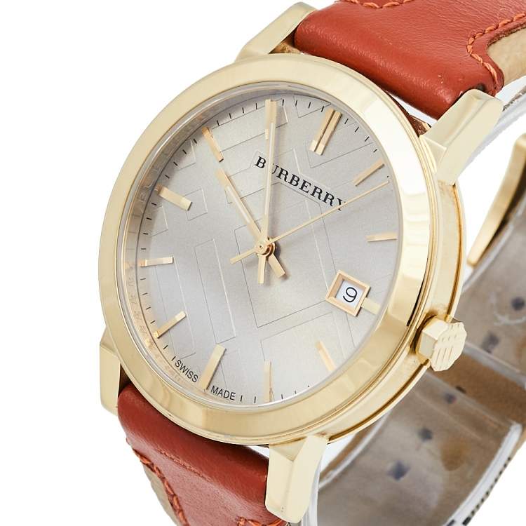  Shop Authentic Burberry The City Gold Dial Orange Leather Strap Watch for Women - BU9016 - Luxxuri
