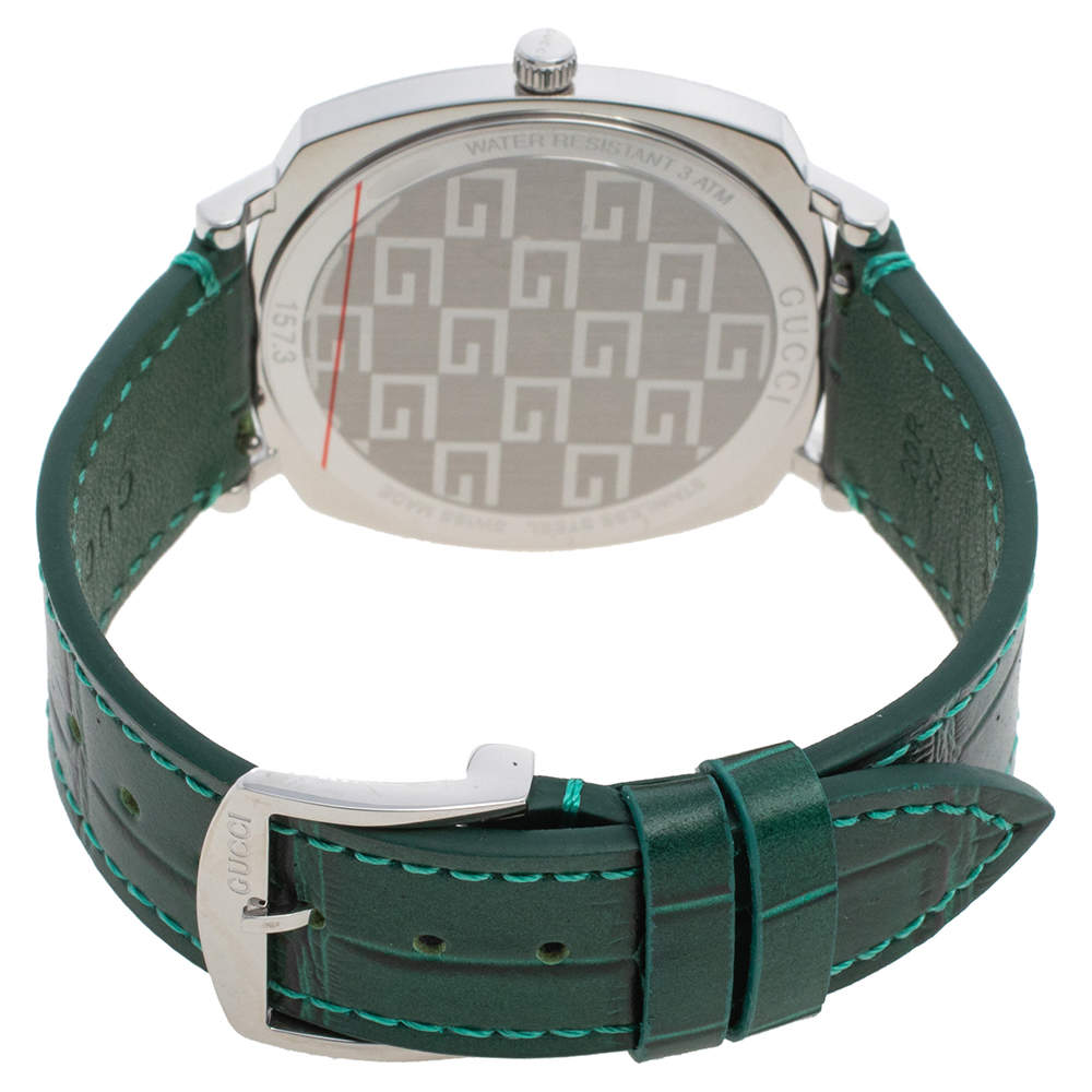  Shop Authentic Gucci Grip Quartz Silver Dial Green Leather Strap Watch For Women - YA157414 - Luxxuri