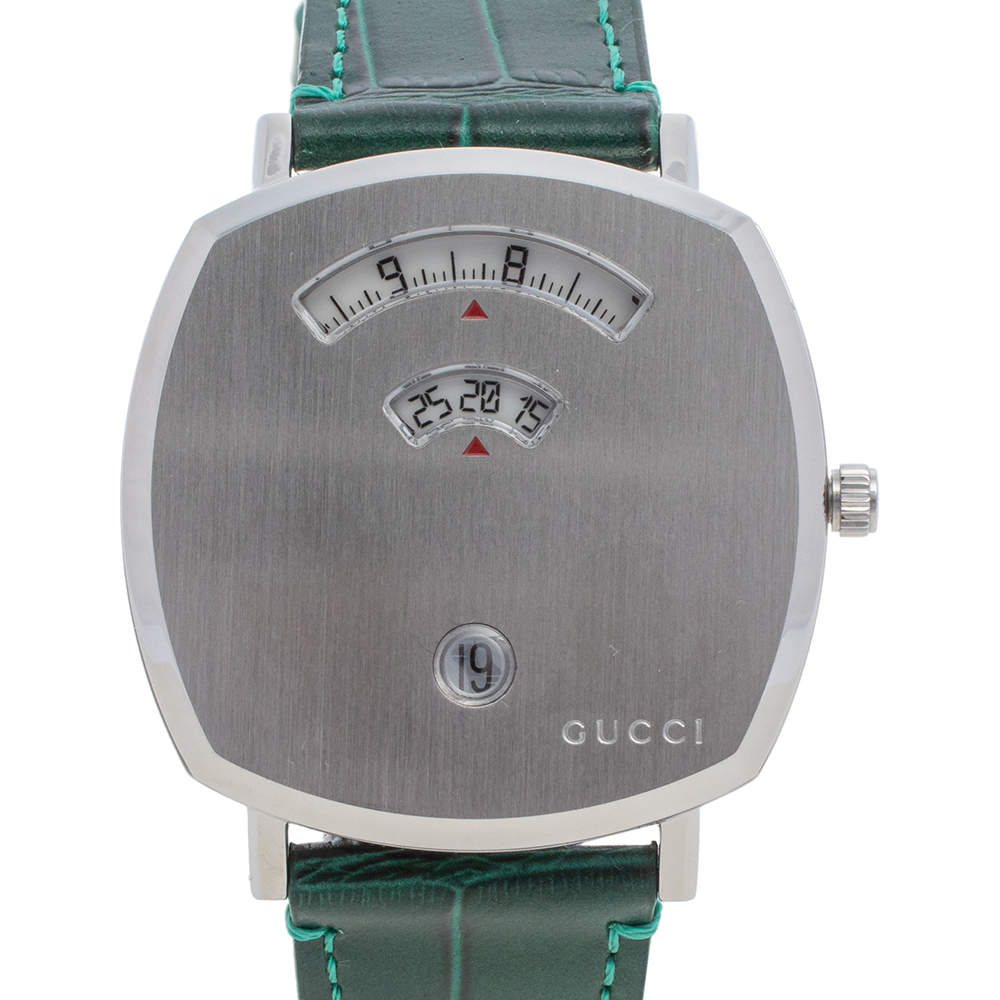  Shop Authentic Gucci Grip Quartz Silver Dial Green Leather Strap Watch For Women - YA157414 - Luxxuri