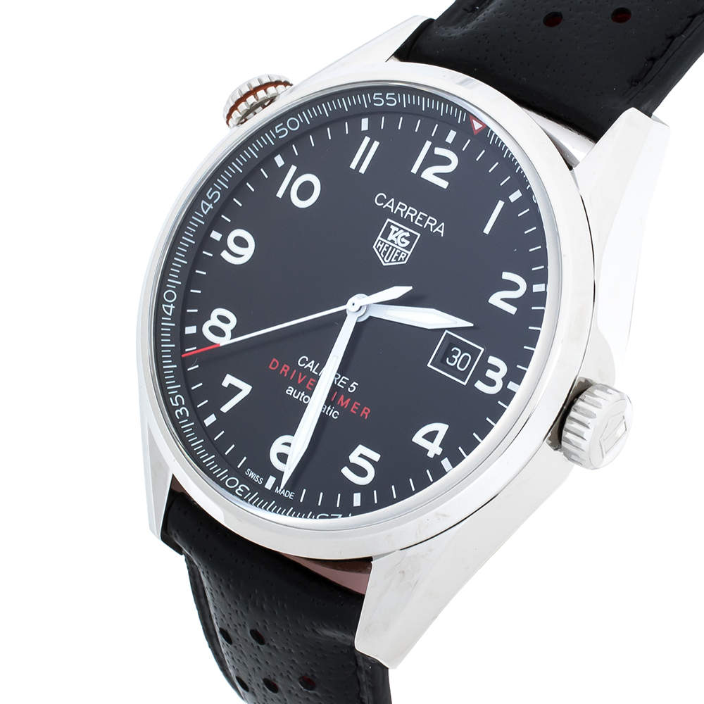 Tag Heuer Carrera Calibre 5 Drive Timer Black Dial Black Leather Strap Watch for Men - WAR2A10.FC6337