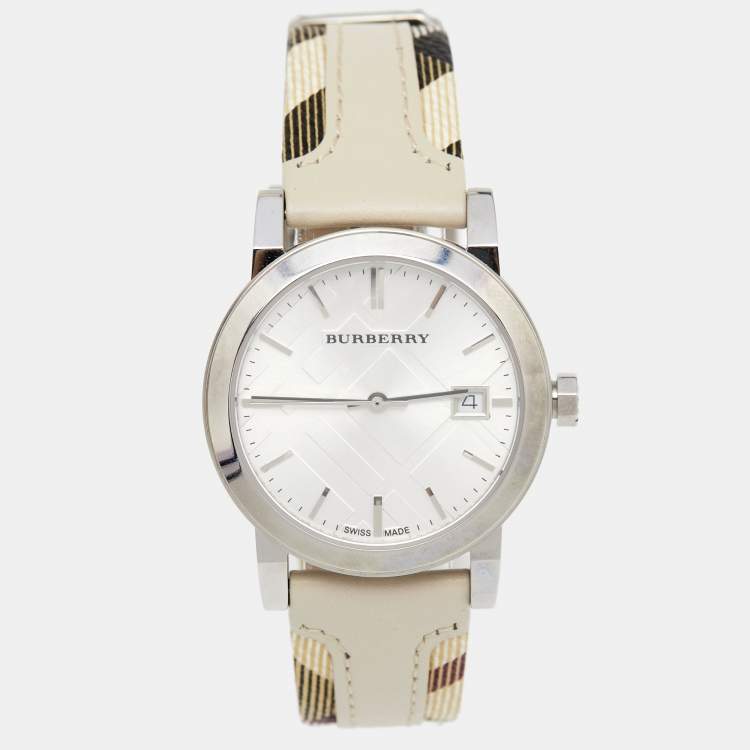  Shop Authentic Burberry The City White Dial Beige Leather Strap Watch for Women - BU9132 - Luxxuri