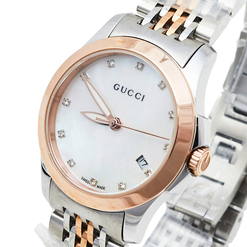  Shop Authentic Gucci G Timeless Diamonds Mother of Pearl Dial Two Tone Mesh Bracelet Watch For Women - YA126514 - Luxxuri