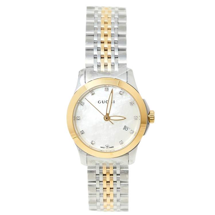  Shop Authentic Gucci G Timeless Diamonds Mother of Pearl Dial Two Tone Mesh Bracelet Watch for Women - YA126513 - Luxxuri