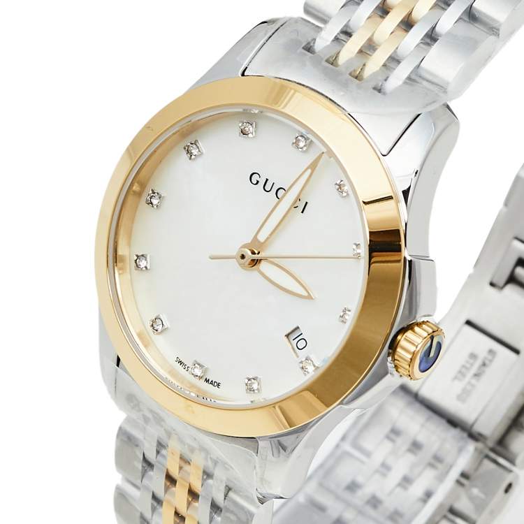  Shop Authentic Gucci G Timeless Diamonds Mother of Pearl Dial Two Tone Mesh Bracelet Watch for Women - YA126513 - Luxxuri
