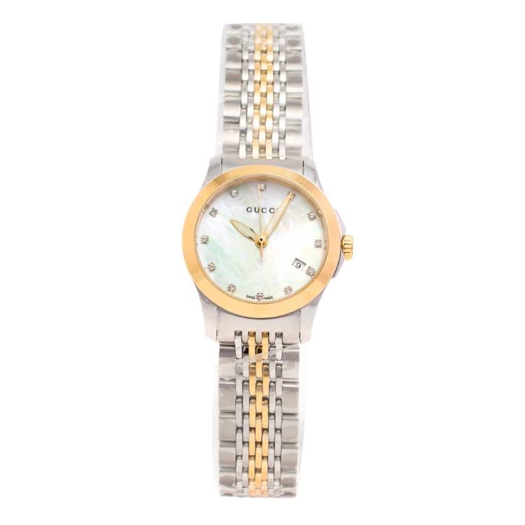  Shop Authentic Gucci G Timeless Diamonds Mother of Pearl Dial Two Tone Mesh Bracelet Watch for Women - YA126513 - Luxxuri