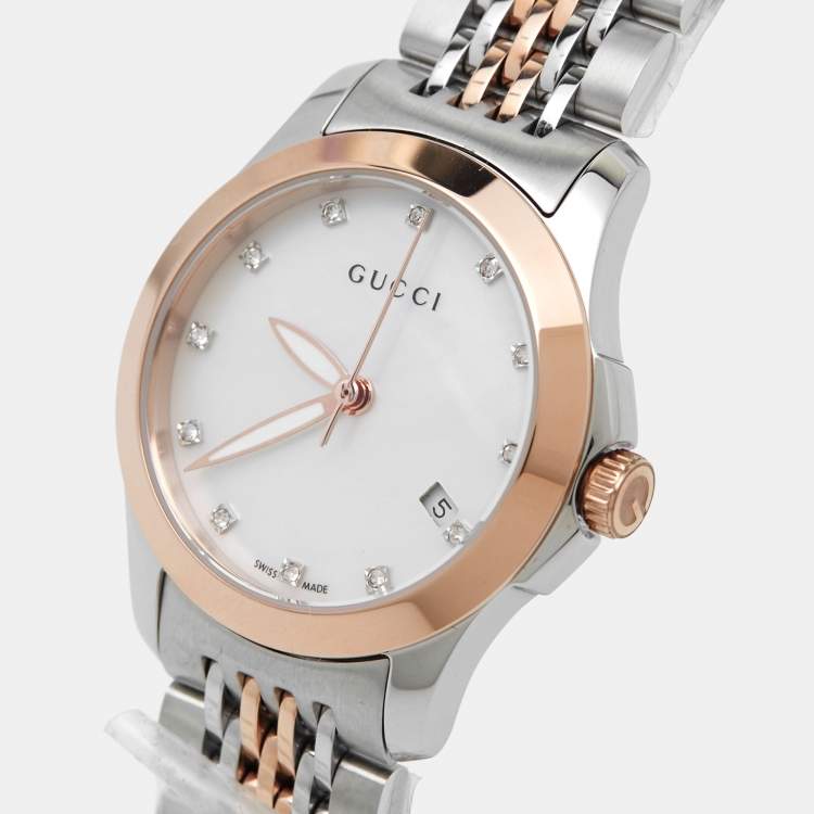  Shop Authentic Gucci G Timeless Diamonds Mother of Pearl Dial Two Tone Mesh Bracelet Watch For Women - YA126514 - Luxxuri