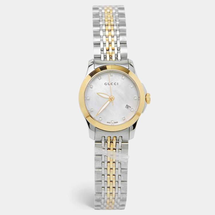  Shop Authentic Gucci G Timeless Diamonds Mother of Pearl Dial Two Tone Mesh Bracelet Watch for Women - YA126513 - Luxxuri