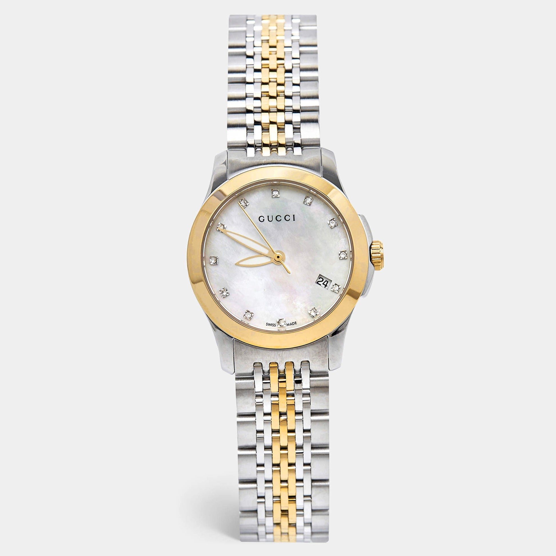  Shop Authentic Gucci G Timeless Diamonds Mother of Pearl Dial Two Tone Mesh Bracelet Watch for Women - YA126513 - Luxxuri