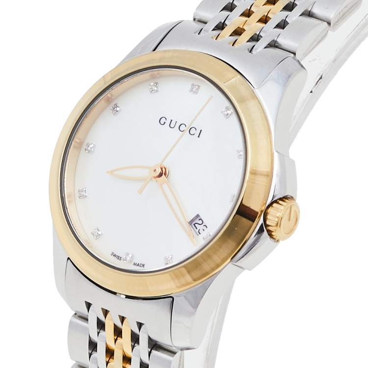  Shop Authentic Gucci G Timeless Diamonds Mother of Pearl Dial Two Tone Mesh Bracelet Watch for Women - YA126513 - Luxxuri