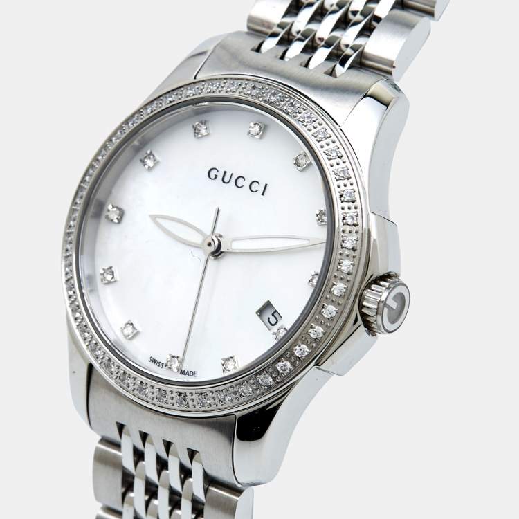  Shop Authentic Gucci G Timeless Diamonds Mother of Pearl Dial Silver Mesh Bracelet Watch For Women - YA126508 - Luxxuri