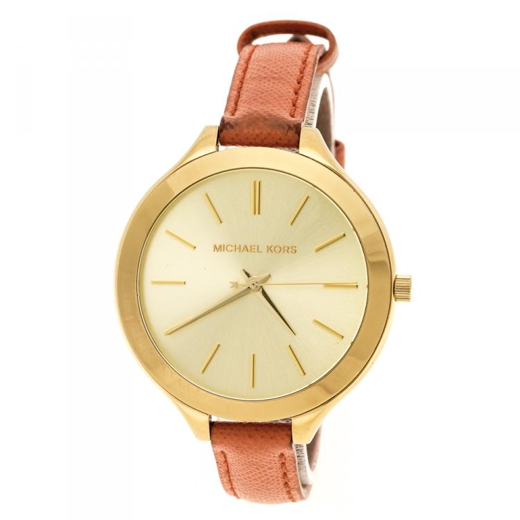  Shop Authentic Michael Kors Runway Quartz Gold Dial Orange Leather Strap Watch For Women - MK2275 - Luxxuri