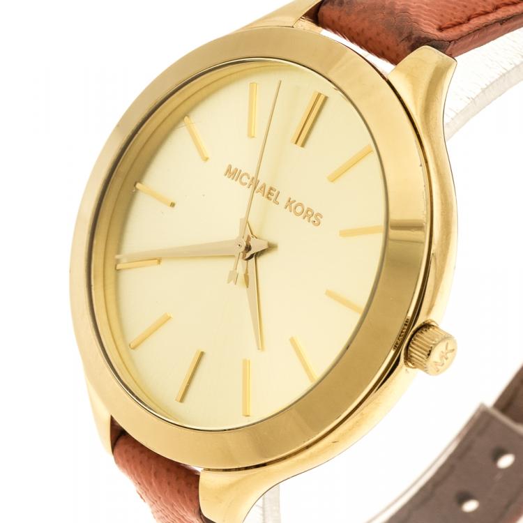  Shop Authentic Michael Kors Runway Quartz Gold Dial Orange Leather Strap Watch For Women - MK2275 - Luxxuri