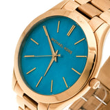  Shop Authentic Michael Kors Slim Runway Blue Mother of Pearl Dial Gold Steel Strap Watch for Women - MK3492 - Luxxuri