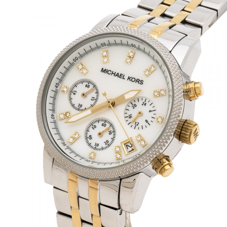  Shop Authentic Michael Kors Ritz Chronograph White Dial Two Tone Steel Strap Watch for Women - MK5057 - Luxxuri