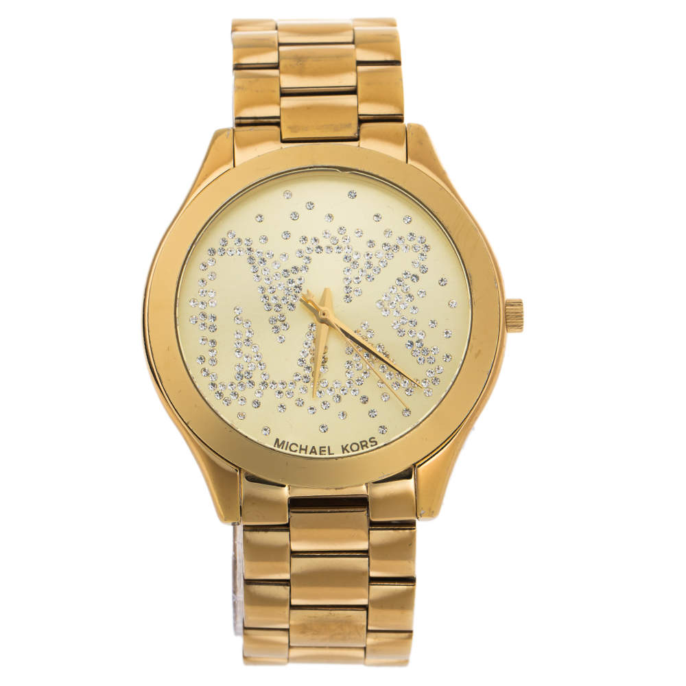  Shop Authentic Michael Kors Slim Runway Gold Dial Gold Steel Strap Watch for Women - MK3590 - Luxxuri