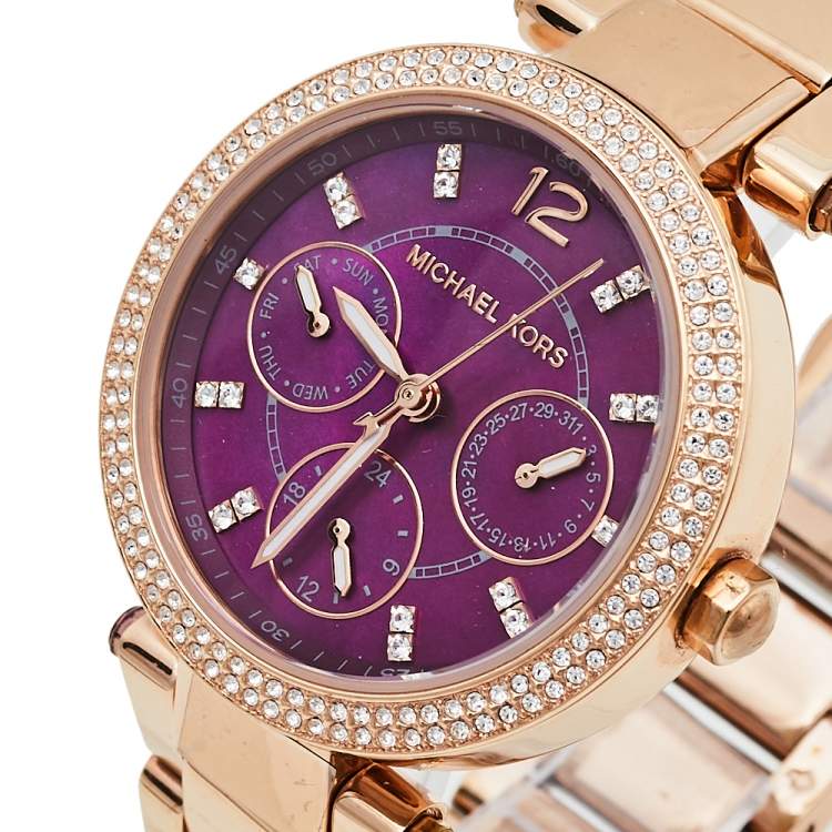  Shop Authentic Michael Kors Mini Parker Multi-Function Plum Mother of Pearl Dial Rose Gold Steel Strap Watch For Women - MK6403 - Luxxuri