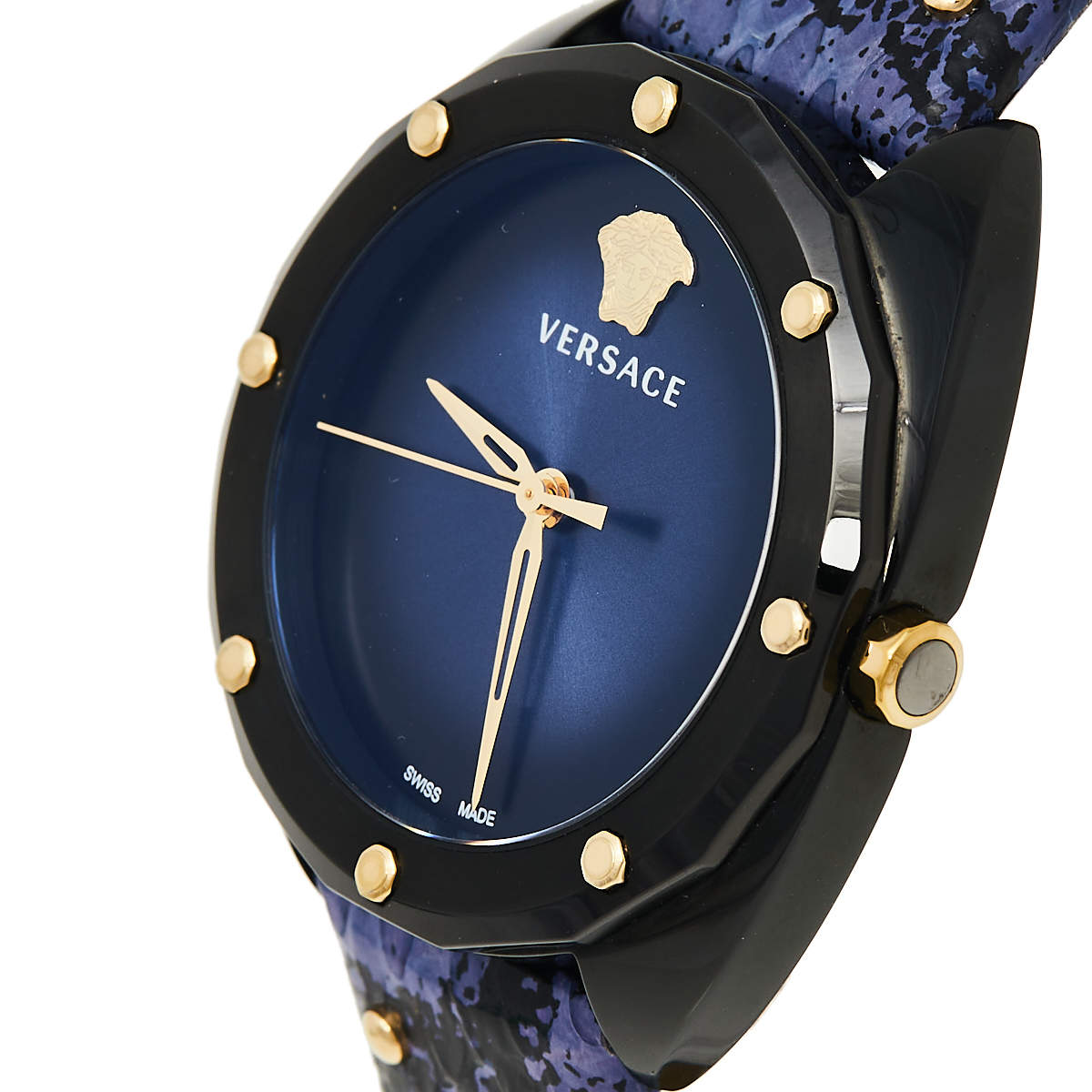  Shop Authentic Versace Shadov Quartz Black Dial Blue Leather Strap Watch for Men - VEBM00418 - Luxxuri