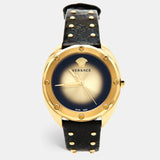  Shop Authentic Versace Shadov Quartz Gold Dial Black Leather Strap Watch for Women - VEBM00318 - Luxxuri