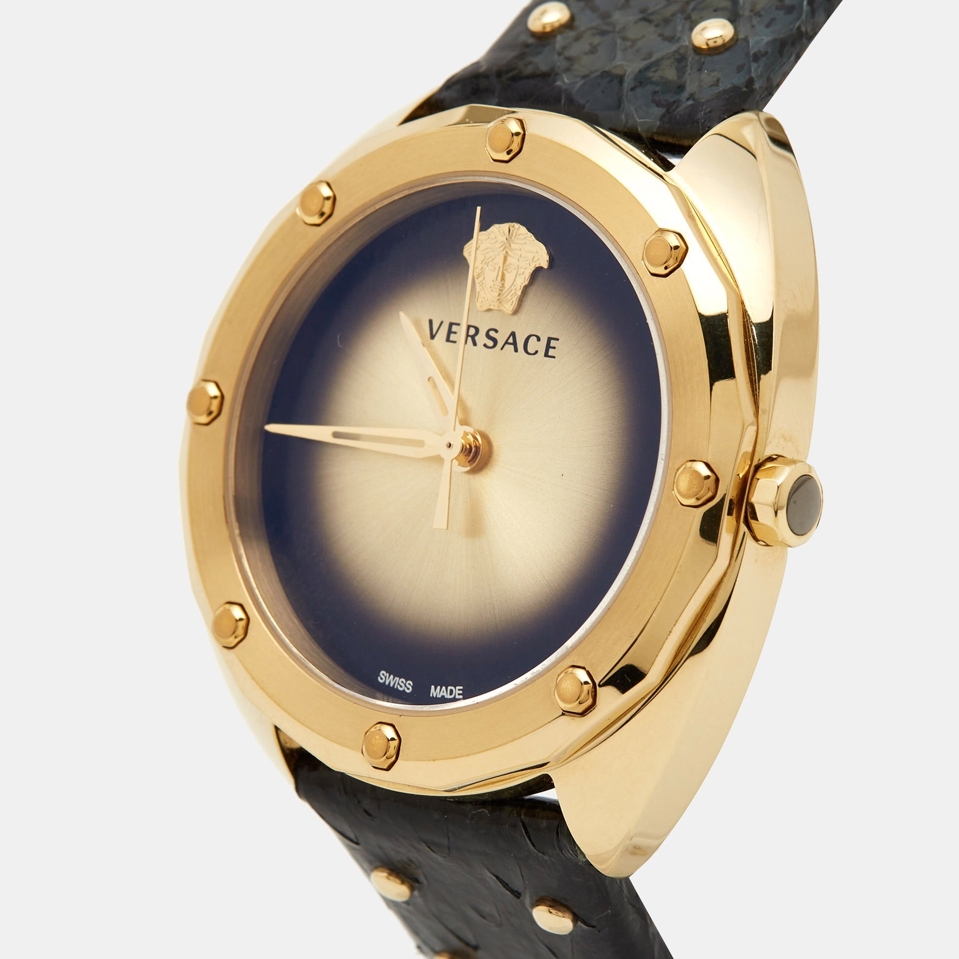  Shop Authentic Versace Shadov Quartz Gold Dial Black Leather Strap Watch for Women - VEBM00318 - Luxxuri