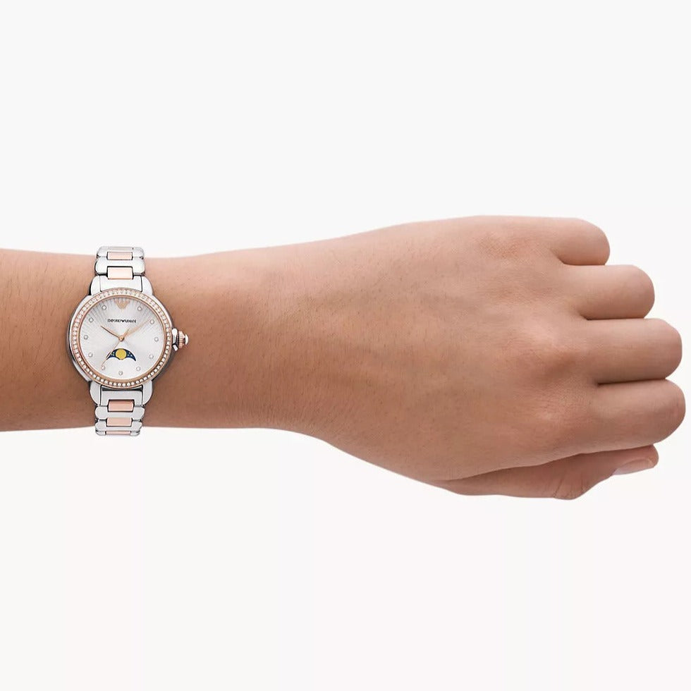  Shop Authentic Emporio Armani Mia Three Hand Moonphase Mother of Pearl Dial Two Tone Steel Strap Watch For Women - AR11567 - Luxxuri