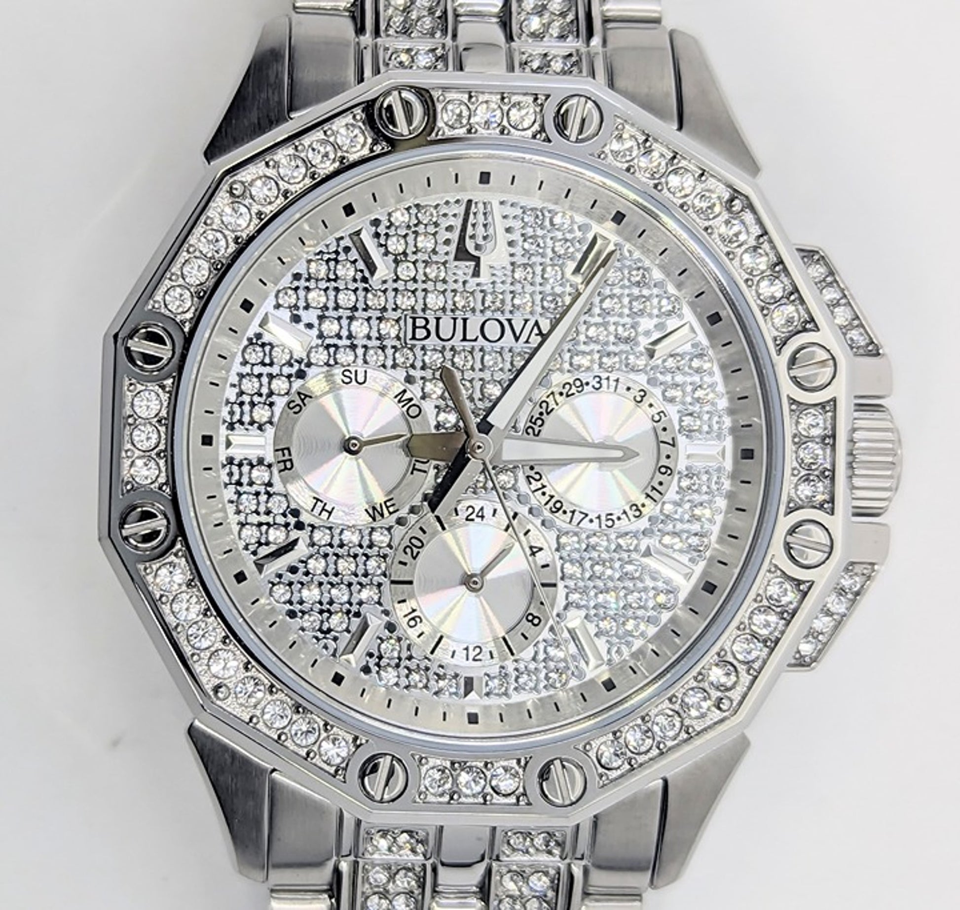  Shop Authentic Bulova Crystal Collection Pave Silver Dial with Crystals Silver Steel Strap Watch for Men - 96C134 - Luxxuri