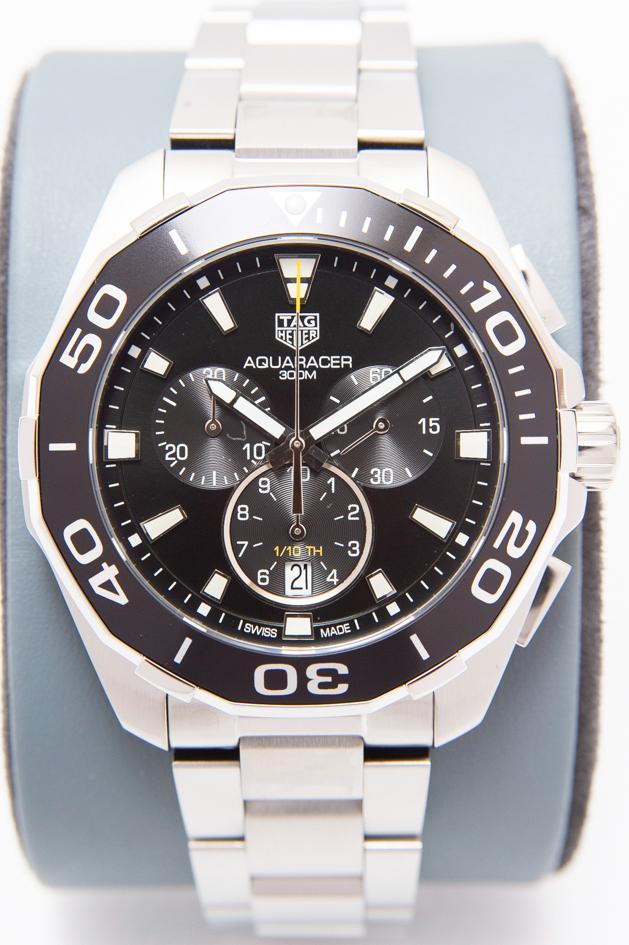Tag Heuer Aquaracer Quartz Chronograph Black Dial Silver Steel Strap Watch for Men - CAY111A.BA0927
